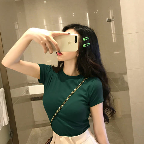 Img 7 - Solid Colored Short Sleeve T-Shirt Women Summer Korean Slim Look Student All-Matching Half Sleeved Tops Undershirt