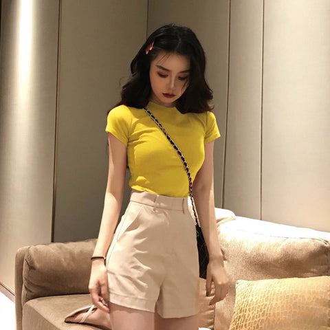 Img 2 - Solid Colored Short Sleeve T-Shirt Women Summer Korean Slim Look Student All-Matching Half Sleeved Tops Undershirt