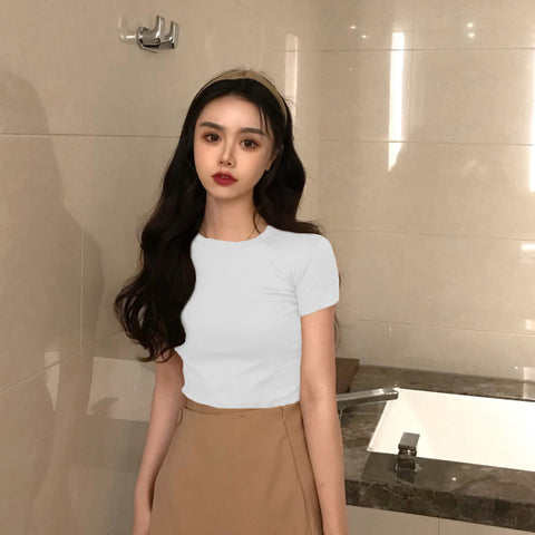 Img 9 - Solid Colored Short Sleeve T-Shirt Women Summer Korean Slim Look Student All-Matching Half Sleeved Tops Undershirt