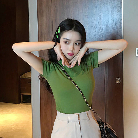 Img 6 - Solid Colored Short Sleeve T-Shirt Women Summer Korean Slim Look Student All-Matching Half Sleeved Tops Undershirt