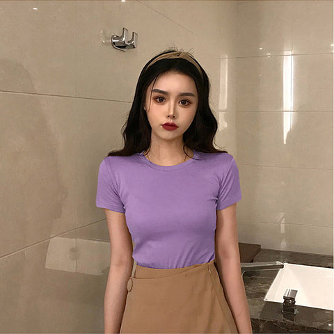 Solid Colored Short Sleeve T-Shirt Women Summer Korean Slim Look Student All-Matching Half Sleeved Tops Matching T-Shirt