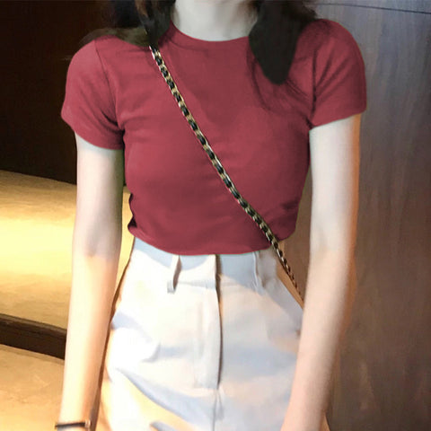 Solid Colored Short Sleeve T-Shirt Women Summer Korean Slim Look Student All-Matching Half Sleeved Tops Matching T-Shirt
