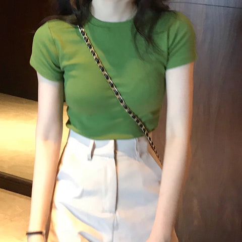 Img 1 - Solid Colored Short Sleeve T-Shirt Women Summer Korean Slim Look Student All-Matching Half Sleeved Tops Undershirt