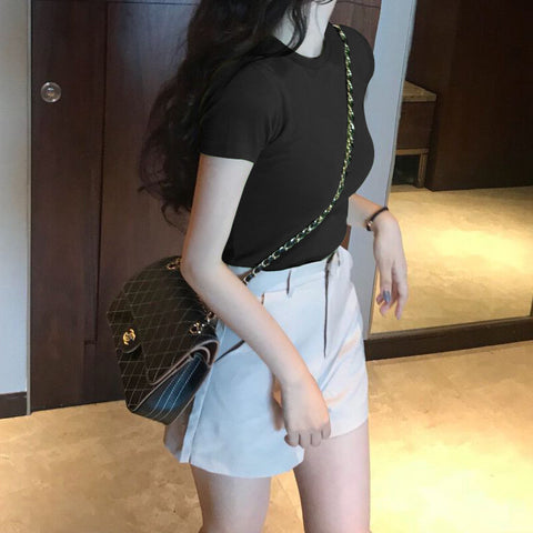 Img 4 - Solid Colored Short Sleeve T-Shirt Women Summer Korean Slim Look Student All-Matching Half Sleeved Tops Undershirt