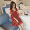 Img 3 - Korean Feminine Elegant Three Quarter Flare Sleeves Slim Look V-Neck Floral Chiffon Mid Length A-Line Dress