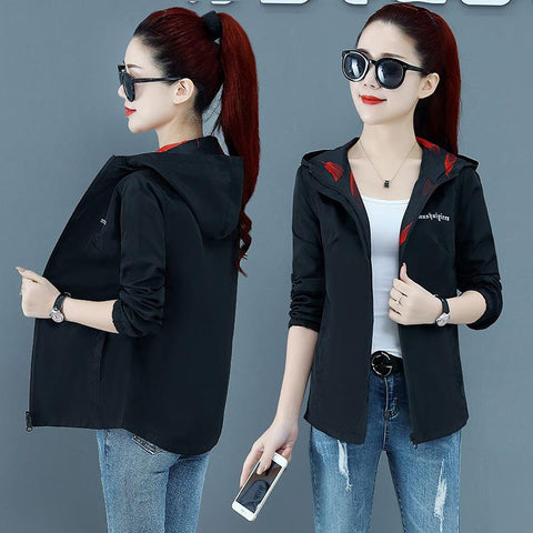 Women Thin Hooded Casual Sporty Slim Look Tops Korean Double-Sided Jacket Outerwear