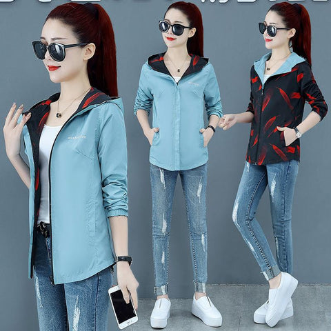 Women Thin Hooded Casual Sporty Slim Look Tops Korean Double-Sided Jacket Outerwear