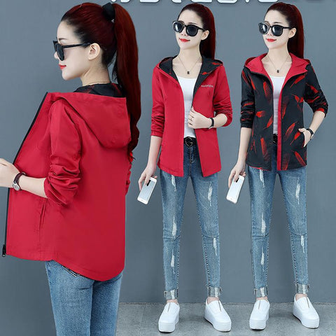 Women Thin Hooded Casual Sporty Slim Look Tops Korean Double-Sided Jacket Outerwear