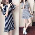 Img 1 - Summer Korean Short Sleeve Ruffle Loose Slim-Look Striped Student Women Dress