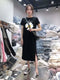 Summer Short Sleeve Women Mid-Length Plus Size Black Slim-Look Cartoon Dress