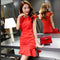 Img 1 - Summer Round-Neck Red Pencil Dress Lotus Sleeve Slim Look Elegant Formal Fishtail Korean Dress