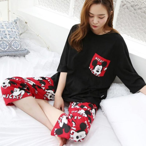 Summer Women Short Sleeve Sets Pajamas Mid-Length Cropped Pants Outdoor Loungewear Mickey Mouse Sleepwear