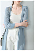 IMG 119 of Summer Women Flaxen Tops Silk Thin Knitted Cardigan Mid-Length Sunscreen Outerwear