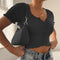 IMG 118 of Europe Women Summer INS Solid Colored Bare Belly Short Sleeve Button T-Shirt Tops T-Shirt