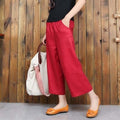 Img 2 - Summer Korean Art Cotton Blend High Waist Wide Leg Pants Women Plus Size Slim Look Elastic Casual