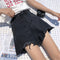 Img 1 - High Waist Slim Look Ripped Burr Denim Wide Leg Pants insPopular Black Shorts Women chicHot