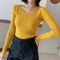 IMG 131 of Knitted Undershirt Women Long Sleeved Sweater Popular V-Neck T-Shirt Tops Stretchable Outerwear
