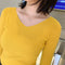 IMG 112 of Knitted Undershirt Women Long Sleeved Sweater Popular V-Neck T-Shirt Tops Stretchable Outerwear
