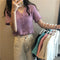 IMG 103 of Matching Knitted Cardigan Women Summer Student Purple Short V-Neck Ruffle Sleeve Tops Outerwear