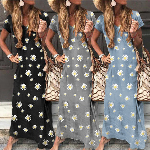 Img 2 - Summer Women Daisy Printed V-Neck Short Sleeve Dress Casual Beach Beachwear