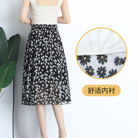 Img 3 - Summer Chiffon Mid Length Pleated Floral Women Skirt Mid-Length Elastic Waist Daisy A-Line Skirt