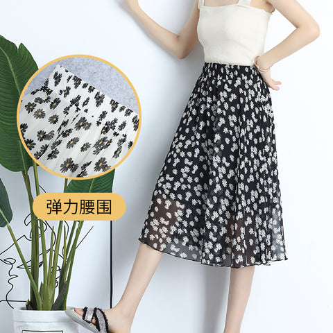 Img 2 - Summer Chiffon Mid Length Pleated Floral Women Skirt Mid-Length Elastic Waist Daisy A-Line Skirt