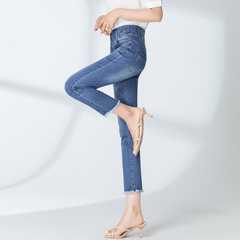 Img 4 - Summer Slim-Fit Pants Women High Waist Slim Look Thin Stretchable Burr Fitted Denim Jeans