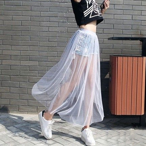 Single Layer Mesh Skirt Korean Flare Slim Look Dress Sweet Casual Fairy All-Matching Skirt