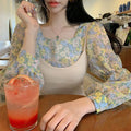 Img 2 - Korea Chic Gentle Sweet Look Floral Slim Square Neck Loose All-Matching Lantern Sleeve Shirt Tops Women Blouse