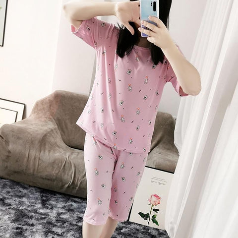 Summer Women Short Sleeve Sets Pajamas Mid-Length Cropped Pants Outdoor Loungewear Mickey Mouse Sleepwear