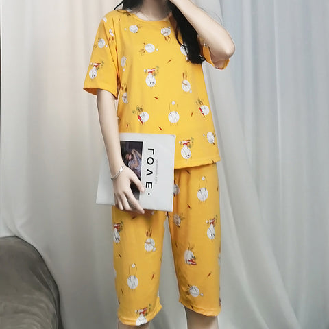 Summer Women Short Sleeve Sets Pajamas Mid-Length Cropped Pants Outdoor Loungewear Mickey Mouse Sleepwear