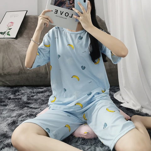 Img 3 - Summer Women Short Sleeve Sets Pajamas Mid-Length Cropped Pants Outdoor Loungewear Mickey Mouse