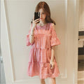 Img 6 - Summer Korean Flare Sleeves Bare Shoulder Chequered Dress Women Student Loose A-Line Doll Dress