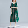 Img 2 - Summer Vintage Art Plus Size Loose Short Sleeve Dress Women Mid-Length V-Neck Chequered