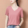 Streaming Ice Silk Minimalist Solid Colored Women Seamless Thin V-Neck Korean Loose Tops Short Sleeve T-Shirt