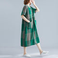 Img 6 - Summer Vintage Art Plus Size Loose Short Sleeve Dress Women Mid-Length V-Neck Chequered