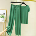 Img 2 - Summer Ice Silk Two-Piece Sets Thin V-Neck Short Sleeve T-Shirt Slim Look Tops Drape Loose Casual Wide Leg Pants