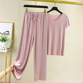 Img 3 - Summer Ice Silk Two-Piece Sets Thin V-Neck Short Sleeve T-Shirt Slim Look Tops Drape Loose Casual Wide Leg Pants