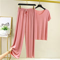 Img 7 - Summer Ice Silk Two-Piece Sets Thin V-Neck Short Sleeve T-Shirt Slim Look Tops Drape Loose Casual Wide Leg Pants