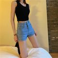 IMG 118 of High Waist Denim Shorts Women Summer Vintage All-Matching Folded Slim Look Fitted Stretchable A-Line Hot Pants Shorts