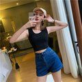 IMG 113 of High Waist Denim Shorts Women Summer Vintage All-Matching Folded Slim Look Fitted Stretchable A-Line Hot Pants Shorts