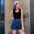 IMG 127 of High Waist Denim Shorts Women Summer Vintage All-Matching Folded Slim Look Fitted Stretchable A-Line Hot Pants Shorts