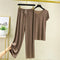 Img 4 - Summer Ice Silk Two-Piece Sets Thin V-Neck Short Sleeve T-Shirt Slim Look Tops Drape Loose Casual Wide Leg Pants