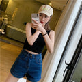 IMG 108 of High Waist Denim Shorts Women Summer Vintage All-Matching Folded Slim Look Fitted Stretchable A-Line Hot Pants Shorts