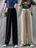 Img 2 - Ice Silk Wide Leg Culottes Women High Waist Drape Solid Colored Loose Summer Thin Floor Length Casual Straight Long Pants