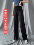 Img 14 - Ice Silk Wide Leg Culottes Women High Waist Drape Solid Colored Loose Summer Thin Floor Length Casual Straight Long Pants