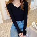 IMG 128 of Korean Slim Look V-Neck Under Pullover Solid Colored Casual All-Matching Undershirt Sweater Women Outerwear