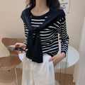 IMG 118 of Popular Trendy Short Sleeve Sweater Women Korean Western Shawl Striped Tops Outerwear