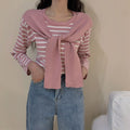 IMG 114 of Popular Trendy Short Sleeve Sweater Women Korean Western Shawl Striped Tops Outerwear
