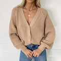 Europe Women Cardigan Solid Colored V-Neck Lantern Sleeve Button Knitted Tops Sweater